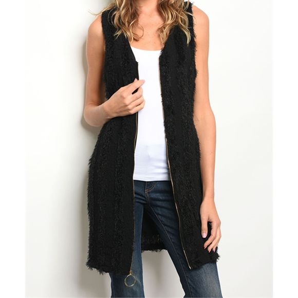 Golden Threads Jackets & Blazers - Sleeveless Fuzzy Line Long Black Vest
